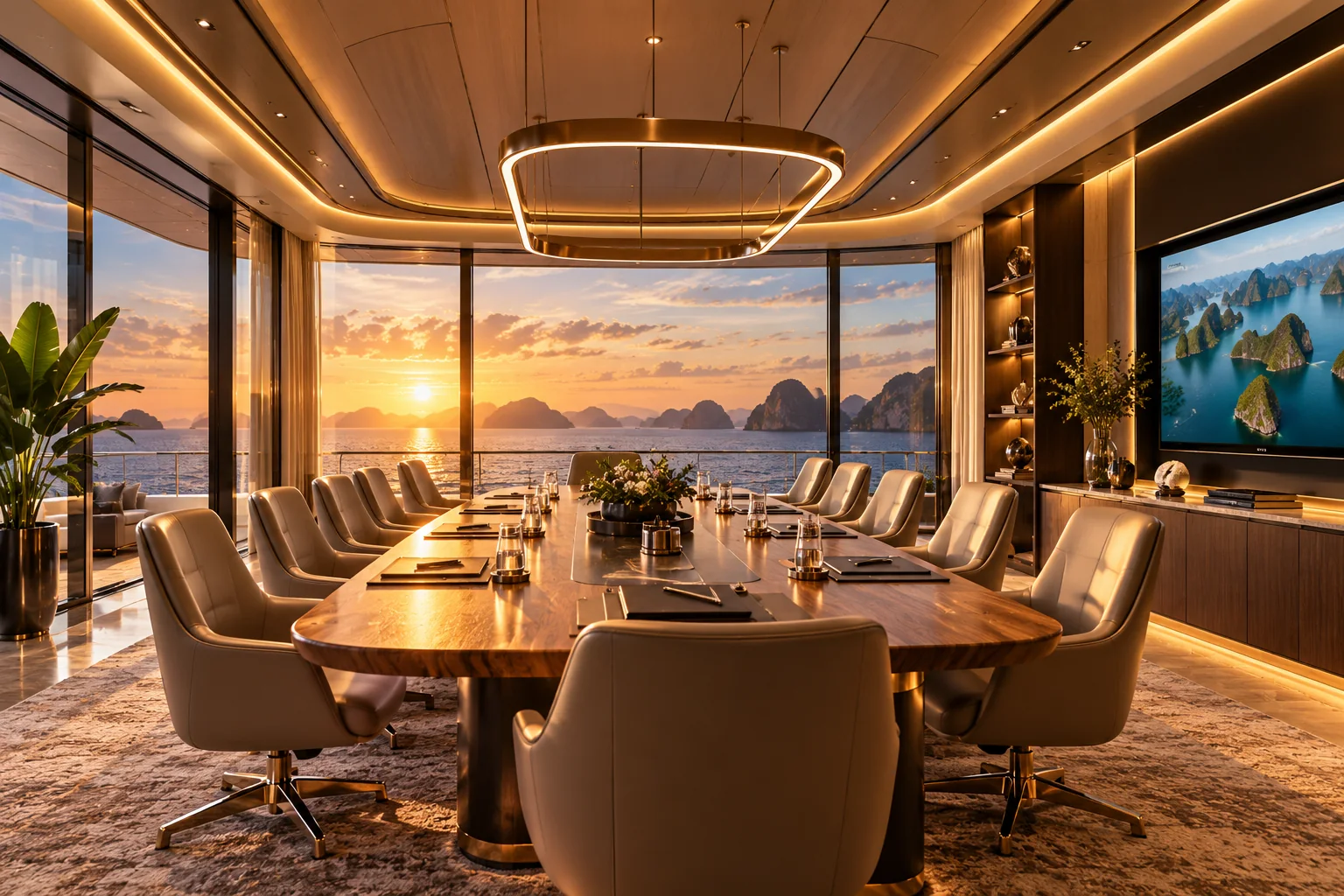 ELOVA's private boardroom prepared for a meeting at golden hour.